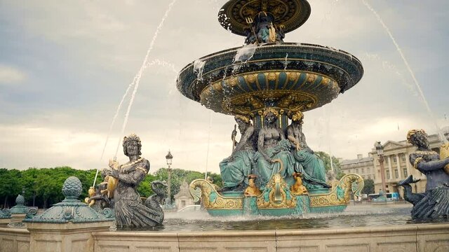  The Fontaine des Fleuves. Fountain at place de Concorde in Paris, France. Rivers Architecture building. Slow motion. Ancient architectural monument