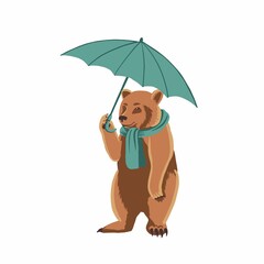 Vector illustration of a bear in a scarf and with an umbrella