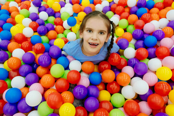 Fototapeta na wymiar Happy girl kid having fun in ball pit with colorful balls. concept of safety in shopping centers, hygiene in the children's room.