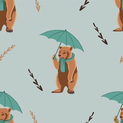 Vector seamless pattern bear in a scarf and with an umbrella in autumn leaves.