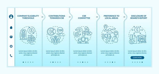 Corporate social responsibility basics blue gradient onboarding vector template. Responsive mobile website with icons. Web page walkthrough 5 step screens. Color concept with linear illustrations