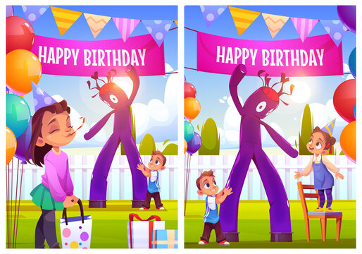 Happy birthday celebration cartoon posters or greeting cards. Girl  celebrate party with friends on house backyard with waky air man and  festive decoration children outdoors fun, vector illustration Stock Vector  | Adobe