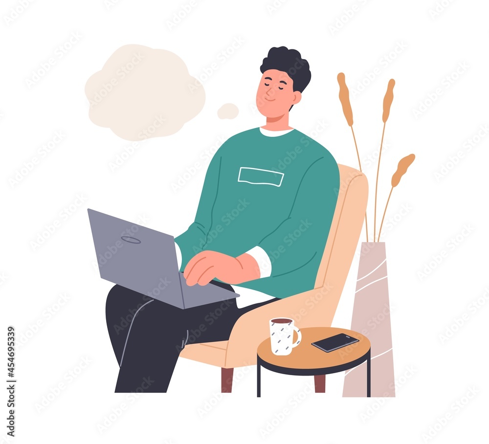 Poster happy inspired person dreaming and creating ideas while typing smth on laptop. creative dreamy man t