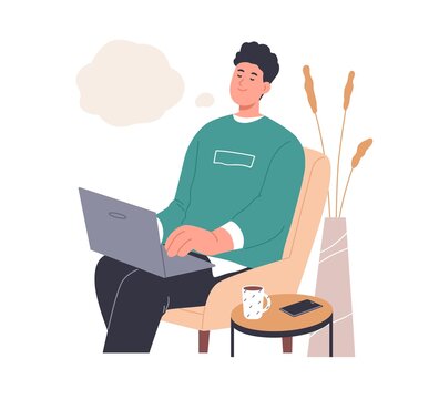 Happy inspired person dreaming and creating ideas while typing smth on laptop. Creative dreamy man thinking and imagining in thought bubble. Flat vector illustration isolated on white background