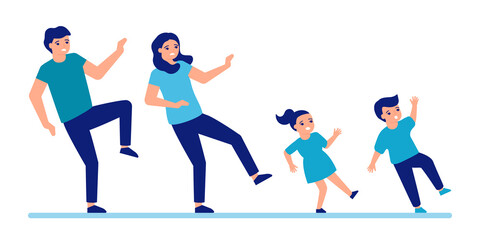 Fototapeta premium Man, woman and children slip and fall down to floor. Slippery floor for people. Family fail and fall. Vector illustration