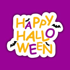 Colorful Happy Halloween text with bats on a purple background. Vector illustration.