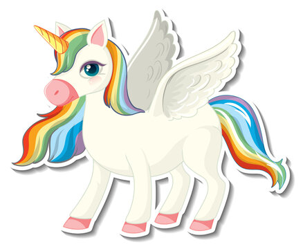 Cute unicorn stickers with a rainbow pegasus cartoon character