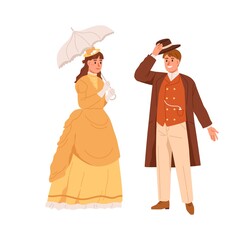 American man and woman of 19th century. Noble people in vintage clothes. Gentleman with hat off greeting lady in petticoat dress with umbrella. Flat vector illustration isolated on white background - obrazy, fototapety, plakaty