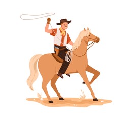 Western cowboy in hat riding horseback. Wild West horseman on horse back with lasso in hand. American rodeo rider with pistol in holster. Flat graphic vector illustration isolated on white background - obrazy, fototapety, plakaty