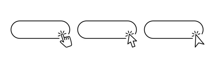 Click Buttons set. Click here web buttons template. Set of action buttons with cursor and hand pointer. Pointer click. Vector illustration.