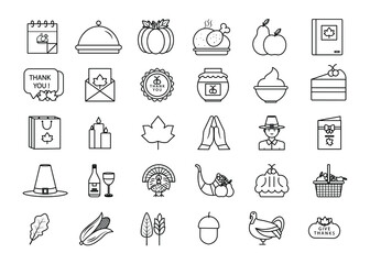 Thanksgiving contour vector icon set. A collection of traditional holiday elements. Modern thin contour symbols