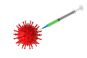Single red COVID-19 CORONA Virus 3D render vaccinated with injection with copy space