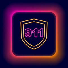Fototapeta na wymiar Glowing neon line Telephone with emergency call 911 icon isolated on black background. Police, ambulance, fire department, call, phone. Colorful outline concept. Vector