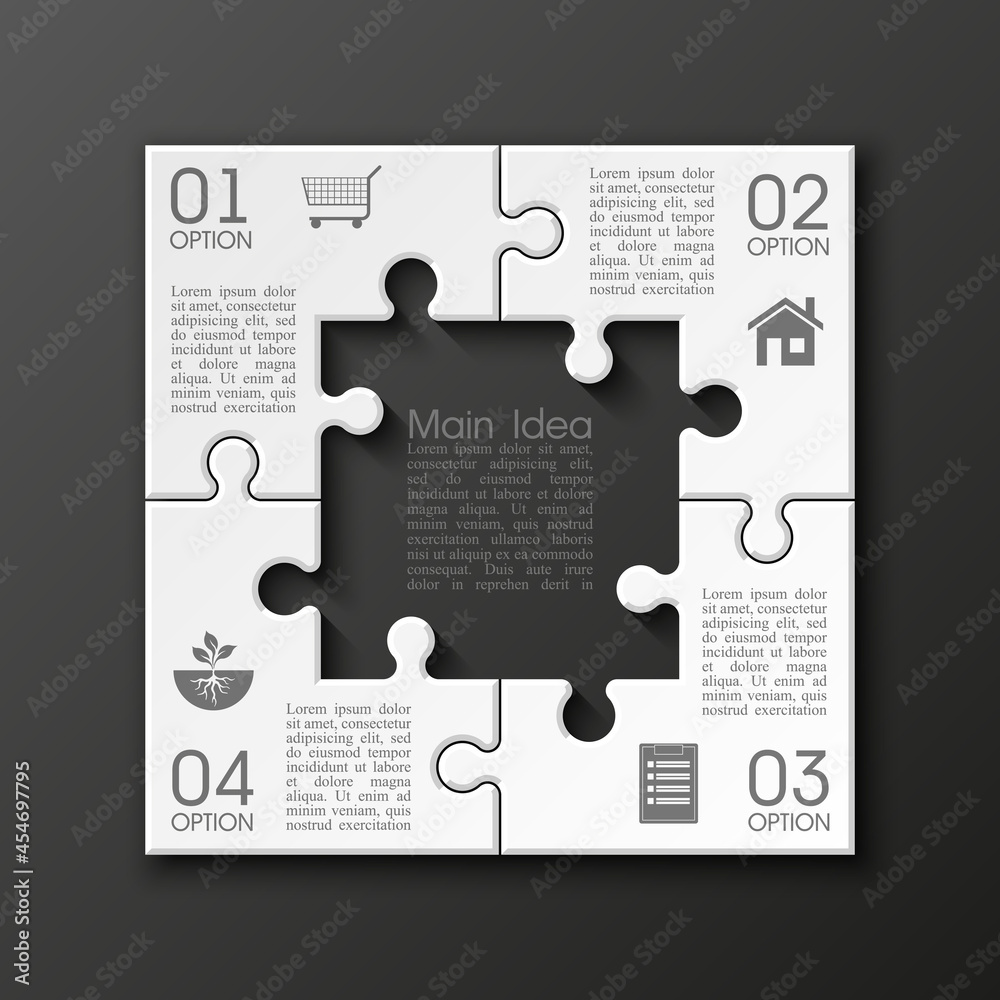 Leinwandbilder Four sided 3d puzzle presentation. Abstract puzzle infographic template with explanatory text field for business statistics. Vector four pieces puzzles illustration