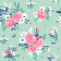 Seamless flower pattern. Vector floral background - 454697774