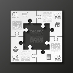 Four sided 3d puzzle presentation. Abstract puzzle infographic template with explanatory text field for business statistics. Vector four pieces puzzles illustration
