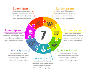 Puzzle many piece business presentation. Circle puzzles infograph. Section compare banner background. Any puzzle step round process diagram. Vector infographic banner