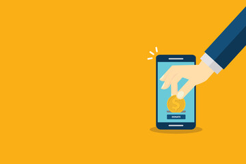 Online donation using charity application on smartphone. Modern charity, donation concepts. Flat design illustration