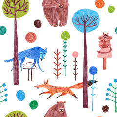 Fototapety  Forest seamless pattern with animals and plants