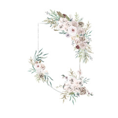 Watercolor white floral frames, Rose floral borders for elegant wedding invitations, greeting cards, feminine logo, baby shower, engagements, packaging