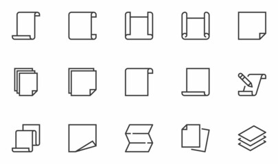 Set of Vector Line Icons Related to Paper. Document, Manuscript, Scroll, Brochure. Editable Stroke. 48x48 Pixel Perfect.