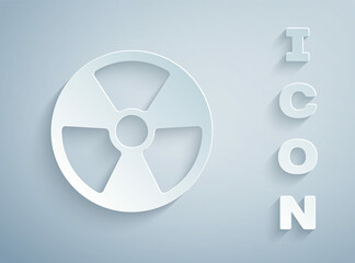 Paper cut Radioactive icon isolated on grey background. Radioactive toxic symbol. Radiation Hazard sign. Paper art style. Vector