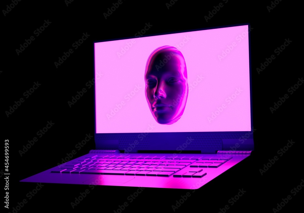 Poster sci-fi 3d illustration of a laptop and a face appearing from a glowing neon screen.