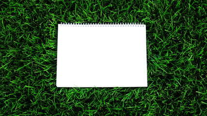 Mock-up empty white paper on green grass background. Сard on nature for message flat lay with copy space for text or products presentation. Nature concept, business and lifestyle environment. Top view