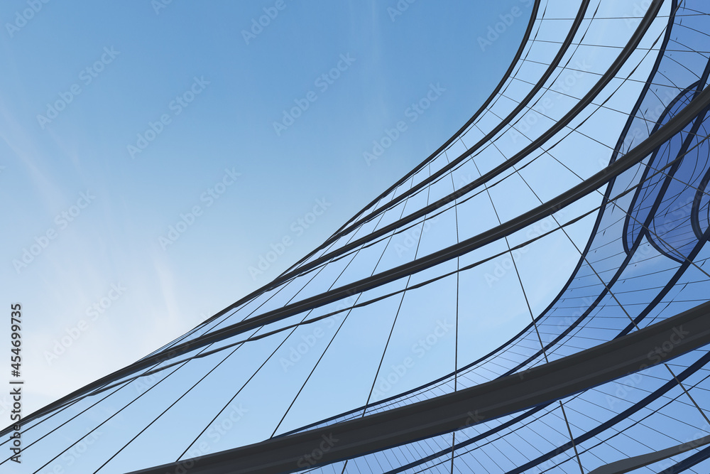 Aufkleber Low angle view of futuristic architecture, Skyscraper of office building with curve glass window, 3D rendering.
