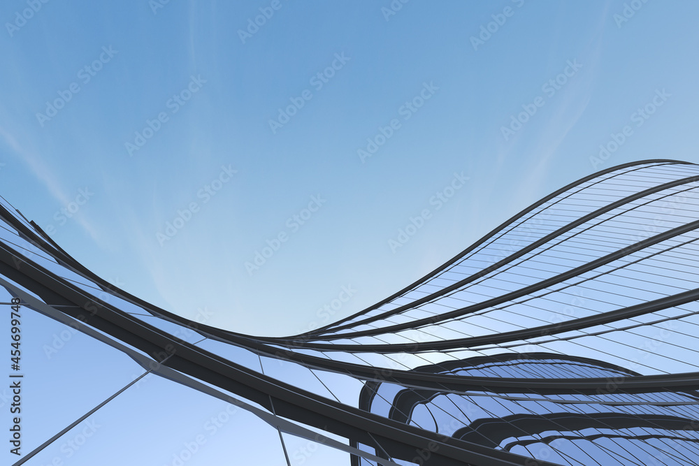 Aufkleber Low angle view of futuristic architecture, Skyscraper of office building with curve glass window, 3D rendering.