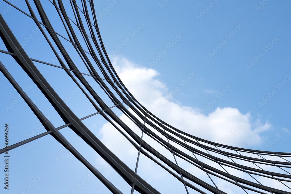 Aufkleber Low angle view of futuristic architecture, Skyscraper of office building with curve glass window, 3D rendering.
