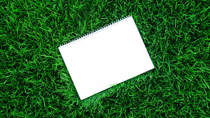 Mock-up empty white paper on green grass background. Сard on nature for message flat lay with copy...
