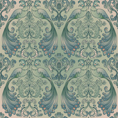Floral vintage seamless pattern wit birds for retro wallpapers. Enchanted Vintage Flowers. Arts and Crafts movement inspired. Design for wrapping paper, wallpaper, fabrics and fashion clothes. - 454701324