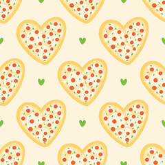 Fototapeta premium Heart-shaped pizza with mozzarella cheese, sausages or pepperoni vector cartoon style seamless pattern background.