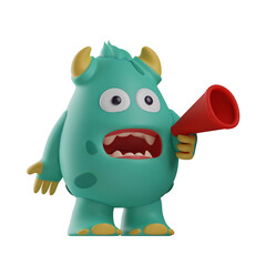 3D Cute Monster Cartoon Illustration holding a speaker