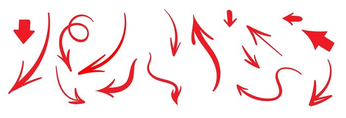 Fototapeta na wymiar Mega set of different red hand-drawn arrows, ink, brush style, on white