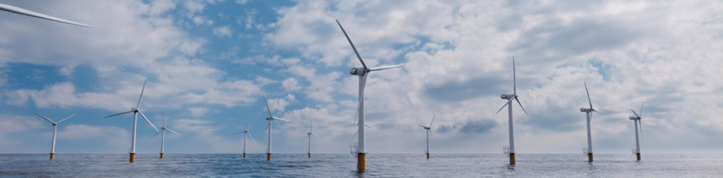 Wind Turbines. Offshore Wind Farm on a Cloudy Afternoon. Environmental Power Concept.