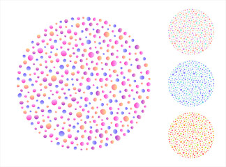 Colorful hand drawn dots circle shapes, round festive dotted backgrounds set. Radial abstract decoration made of watercolor like gradient spots, blobs, beads. Text frame, border templates collection.