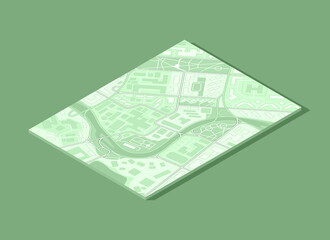 Isomrty City map navigation, color paper design background, drawing schema, 3D isometric simple city plan GPS navigation on paper city map. Route of delivery check point graphic