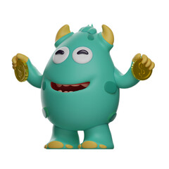 3D Cute Monster Cartoon Character having gold coins