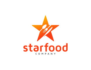 Star food logo with spoon, fork, and kitchen knife design