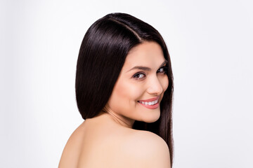 Fototapeta premium Back view photo portrait beautiful woman with silky straight hair smiling after bath isolated on white color background