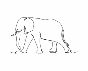 Continuous one line drawing of an african elephant walking in silhouette on a white background. Linear stylized.