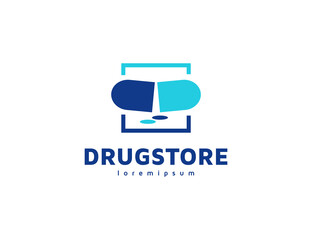 Drug store or medicine logo with capsule and pill illustration
