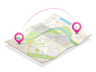 Fototapeta na wymiar Isometric city map navigation, point markers background, 3d flat isometry drawing schema, 3D simple city plan GPS navigation, final destination arrow paper city map. Route delivery check point graphic