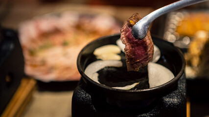 Delicious fried crispy beef Gyukatsu. Japanese food in a restaurant
