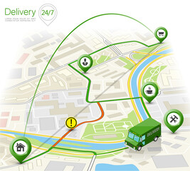 Delivery navigation route, City map point marker isometric delivery van, schema itinerary delivery car, city plan GPS navigation itinerary destination arrow city map Route check point business graphic