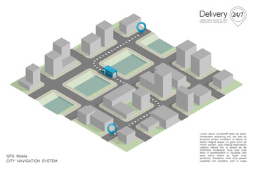 Isometric city map navigation, point markers background, app isometry drawing schema, 3D simple city plan GPS navigation, final destination arrow paper city map. Route delivery check point graphic