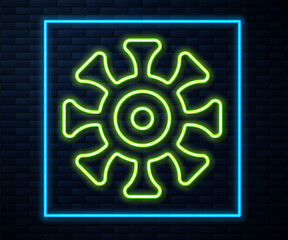 Glowing neon line Bacteria icon isolated on brick wall background. Bacteria and germs, microorganism disease causing, cell cancer, microbe, virus, fungi. Vector