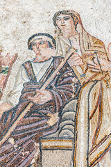 King Peleus from the Roman mosaic of  the first bath of Archilles at the Villa of Theseus, Paphos Archaeological Park Cyprus which is a popular tourist holiday travel destination and attraction 